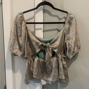 Altar'd State Floral Tie-Front Blouse in Blue and Tan